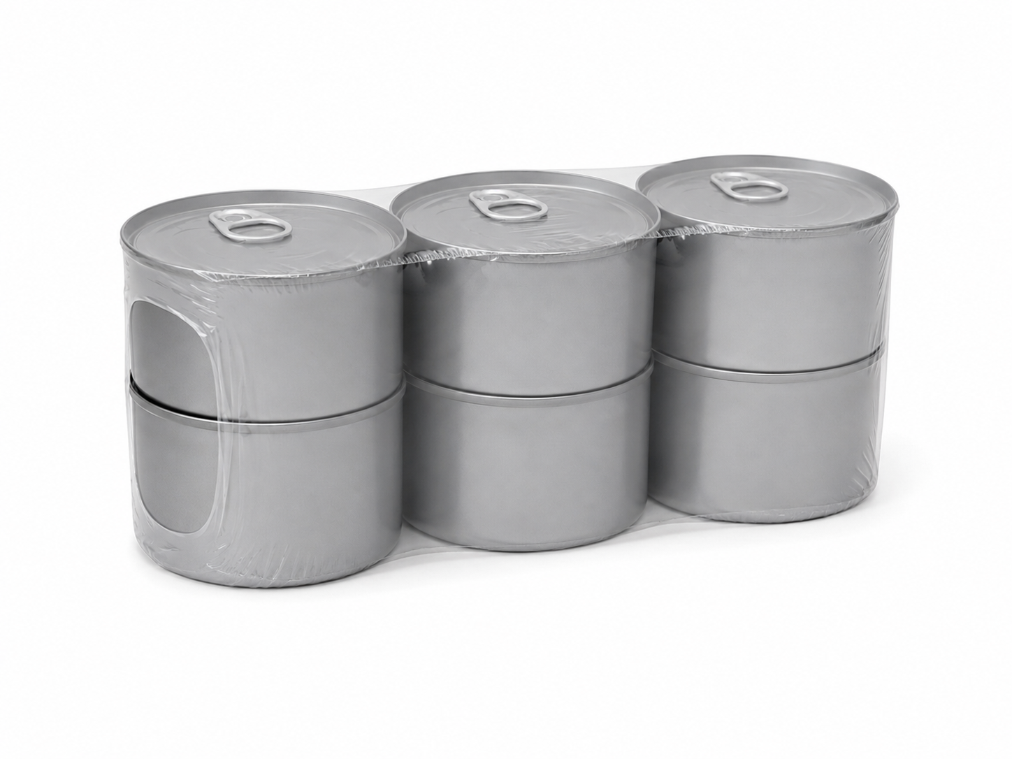 Seis latas con funda termocontraíble contraída